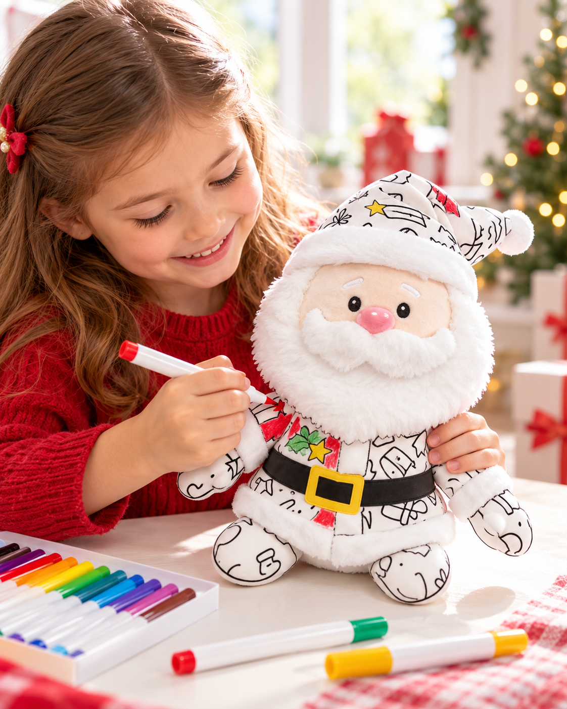 Child coloring the Santa plush