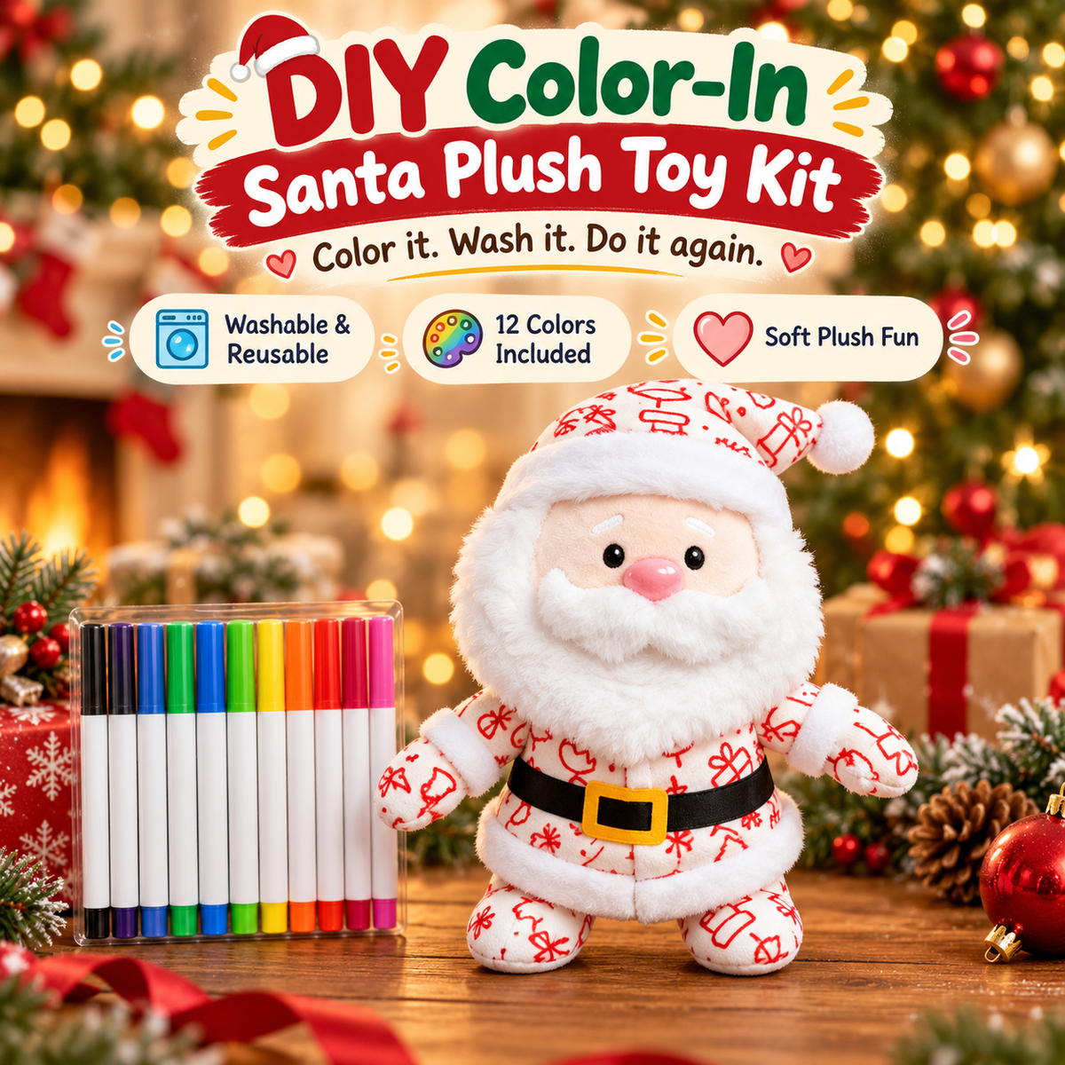 Christmas DIY Color-In Santa Plush Kit – Washable & Reusable