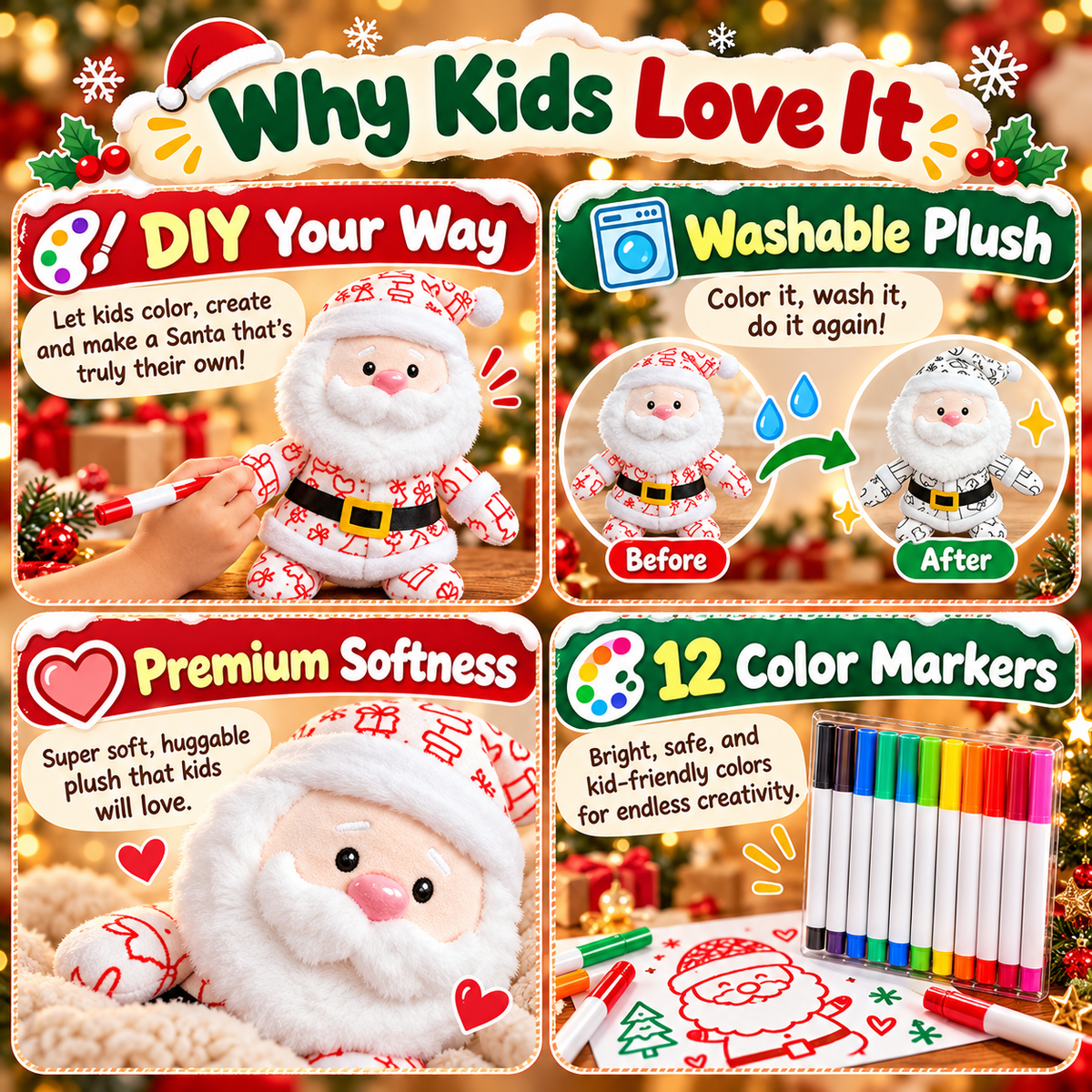 Christmas DIY Color-In Santa Plush Kit – Washable & Reusable