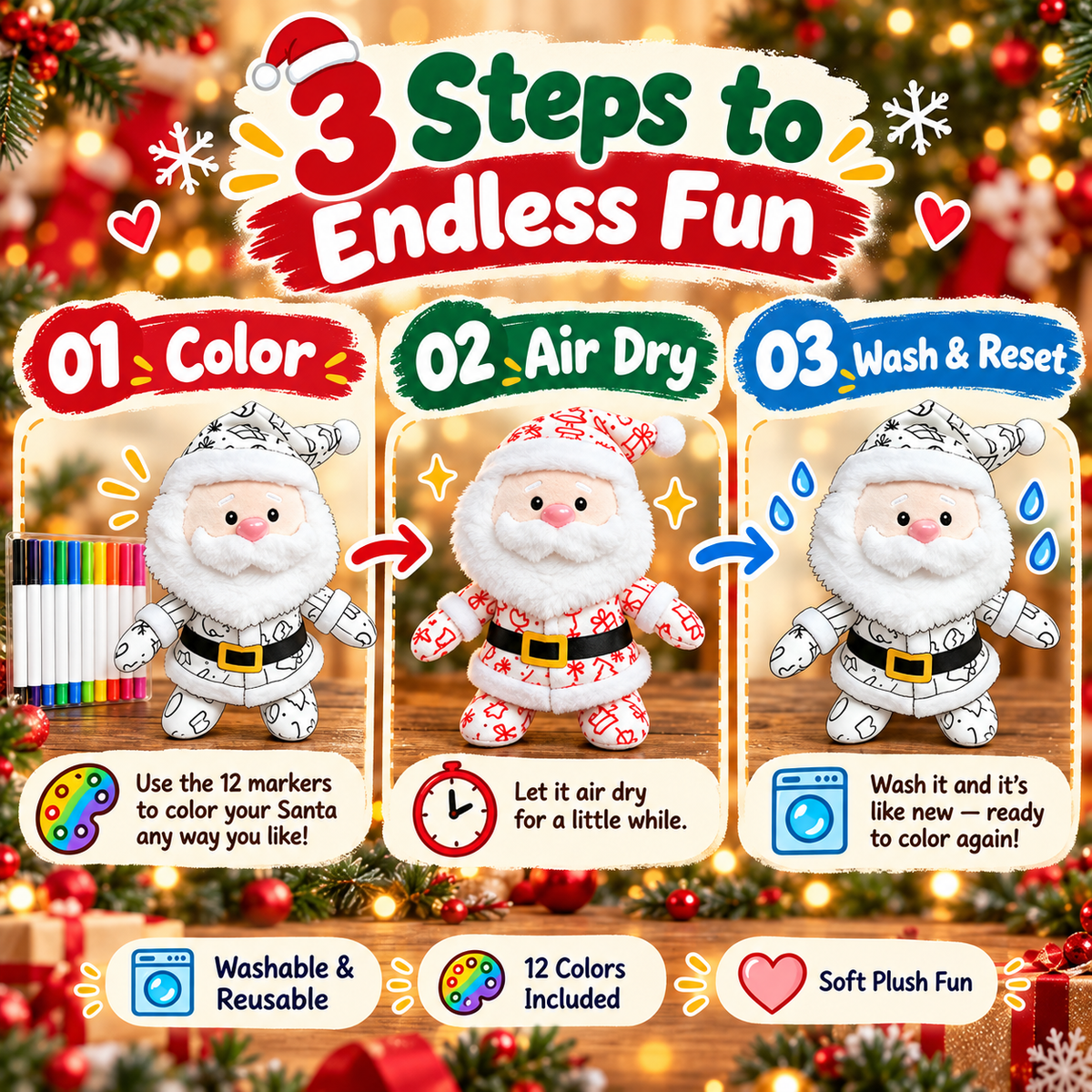 Christmas DIY Color-In Santa Plush Kit – Washable & Reusable