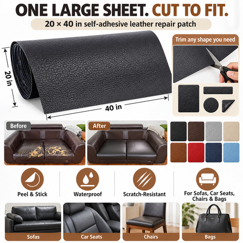 20"×40" All-Purpose Self-Adhesive Leather Repair Patch – Cut to Fit for Sofas, Car Seats & More