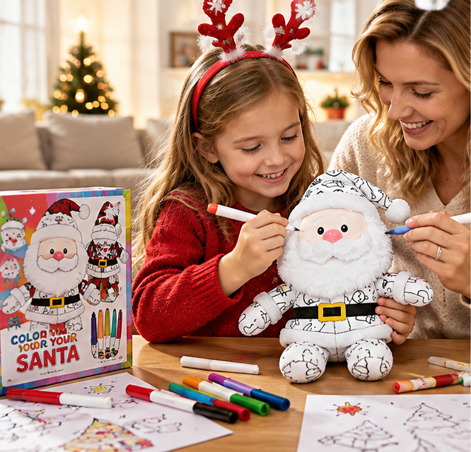 Mother and child coloring a DIY Santa plush