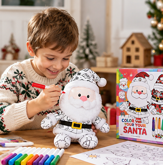 Child coloring Santa with 12 markers