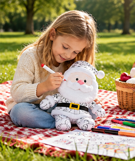 Outdoor coloring activity with Santa plush
